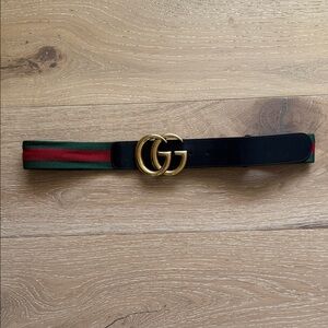 Gucci Black and Green Stripe Belt with Gold GG Buckle